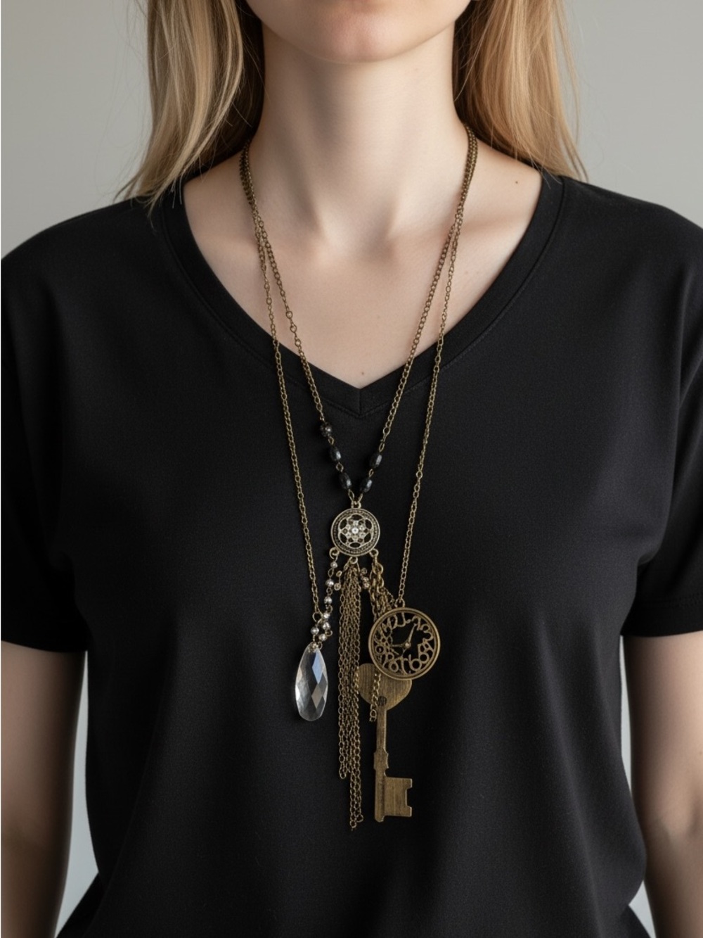 9/20 Antique Gold Multi-Charm Long Pendant Necklace - Women Jewelry
